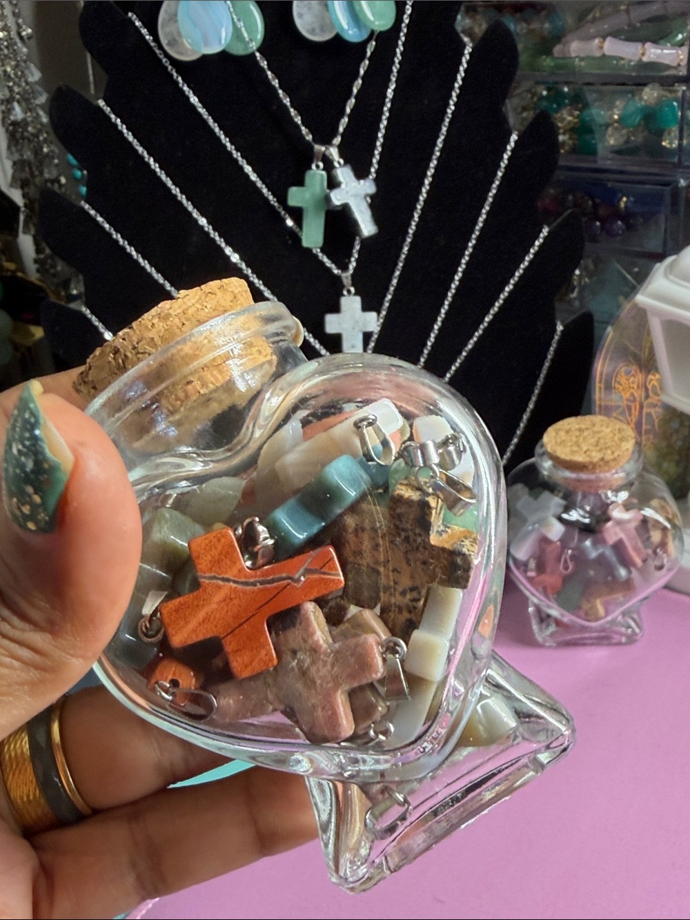 Silver Chain Cross Necklace with Stone Pendant - Multiple Colors - Picture 5 of 5